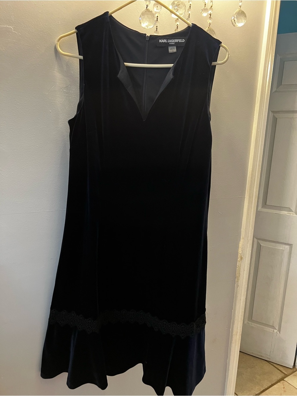 Karl Lagerfeld Navy Velvet Midi Dress with Hem Trim
